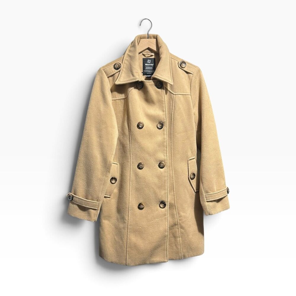 Wantdo Pea Coat Women's Medium Double Breasted  Khaki Tan Mid Length Overcoat